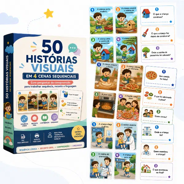Mockup do material 50 Histórias Sequenciais com Perguntas de Compreensão